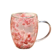 Mug à café en verre transparent à double paroi, motif fleur rose, 35 cl, isotherme, avec anse, compatible avec les boissons chaudes et froides