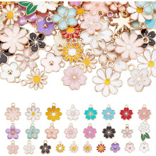 26 verschiedene Emaille-Blumenanhänger, 104 bunte Blumenanhänger (Gänseblümchen, Kirsche), vergoldet, geeignet für die Schmuckherstellung