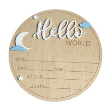 Huishanger, "Hello World" geboorteaankondiging, houten geboorteaankondigingsbord met gepersonaliseerde babynaam en -datum, aandenken voor pasgeborene
