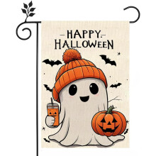 Drapeau de jardin Halloween fantôme, 30 x 45 cm, décoration extérieure verticale double face, suspension en corde de chanvre, motif fantôme et