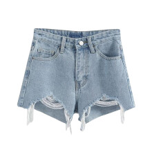 Shorts jeans femininos de cintura alta, rasgados, elásticos, curtos e confortáveis para o verão. Cor azul claro.