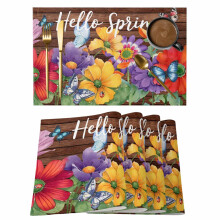 Hello Spring Tischsets, 4er-Set, rot/gelb/lila, florales Schmetterlingsmuster in Holzoptik, rutschfest, abwaschbar, für drinnen und draußen