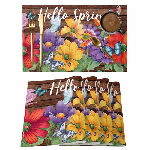 Σουπλά Hello Spring σετ 4 τεμαχίων, κόκκινα/κίτρινα/μωβ λουλουδάτα πεταλούδα με κόκκινα