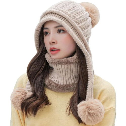 Γυναικείο χειμωνιάτικο καπέλο Beanie Circle Set Κασκόλ Pompoms Περουβιανό σκι χιόνι αυτί