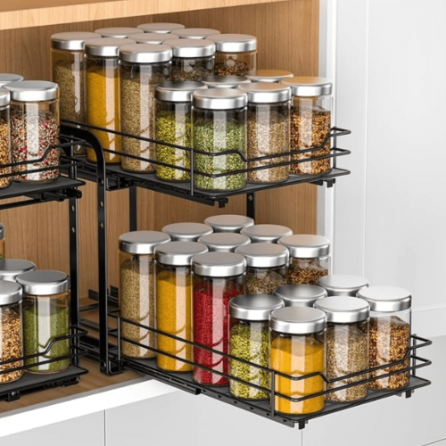2-Tier Pull-Out Spice Rack, Height-Adjustable & Ultra-Smooth, Fits Inside Cabinets (7.5"x10.5"x9.5")