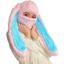 Roztomilá pletená kukla Y2k háčkovaná králičia maska na tvár Zimné teplé čiapky Slouchy Bunny Ear Lebka Čiapka pre ženy a mužov