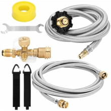 Propane Brass Tee 4-Port Adapter Kit with 5FT & 12FT Stainless Braided Hoses – Compatible with RV Propane Systems