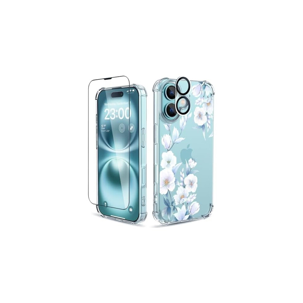 Compatible With Iphone 16 Case: 3-In-1 Clear Soft Shockproof Floral Cover With Screen & Camera Protectors, Hibiscus/, 6.1" Blue 9485826520320