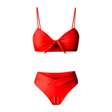 Bikini-Set für Damen, zweiteiliger Badeanzug mit hohem Bund und Schleifendetail, ideal für Strand und Pool, Damenbikini, Rot, Größe XL