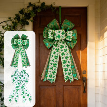 Szent Patrik-napi koszorúmasni, nagy zöld szalaggal díszített fa tetején drótszegéllyel, beltéri/kültéri dekoráció ajtóra, falra,