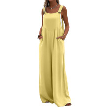 Macacão feminino elegante, sem mangas e com pernas largas, design de alças finas, modelagem solta, cintura alta e tecido de poliéster macio, ideal