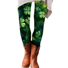Women's forest green shamrock print leggings stretch pants