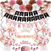 Décorations de fête de départ à la retraite or rose (63 pièces) : banderole « Bonne retraite », ballons en aluminium, décorations pour