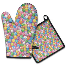 Ensemble de 2 maniques et gants de cuisine à motifs multicolores de Pâques et d'œufs, résistants à la chaleur jusqu'à 200 C (392 F), pour