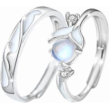 Anéis de compromisso combinando para casais, com pedra da lua brilhante e prata, para mulheres, homens, para ele e para ela - Conjunto de 2 -