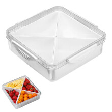 Plateau à collation transparent à 4 compartiments avec couvercle, plateau à légumes carré réutilisable pour réfrigérateur
