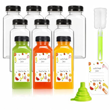 Bouteilles à jus réutilisables de 35 cl (12 oz) (10 pièces) avec bouchons inviolables, étiquettes et goupillon – Plastique transparent pour