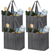 4 Grocery Bags with Hard Bottom, Heavy-Duty Shopping Bags for Shopping Cart (Windowpane, 4 )