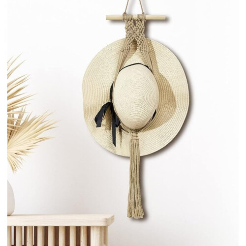 Cabide de parede estilo boho para chapéus – madeira de pinho e algodão