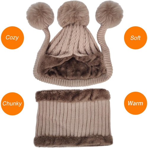 Γυναικείο χειμωνιάτικο καπέλο Beanie Circle Set Κασκόλ Pompoms Περουβιανό σκι χιόνι αυτί 1