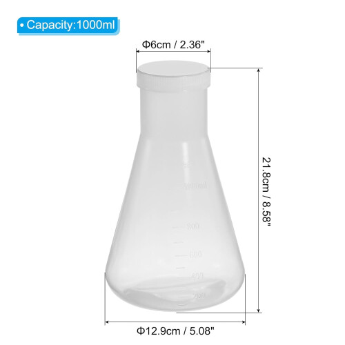 Πλαστική φιάλη Erlenmeyer 1000 ml με βιδωτό καπάκι, κωνική φιάλη εργαστηρίου από 1