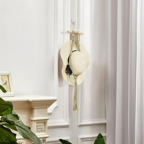 Cabide de parede estilo boho para chapéus – madeira de pinho e algodão 1