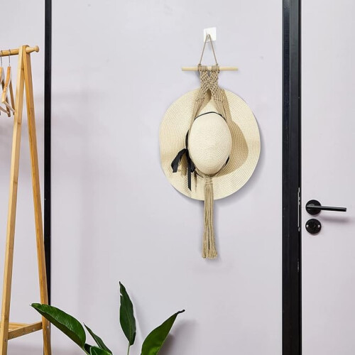 Cabide de parede estilo boho para chapéus – madeira de pinho e algodão 2