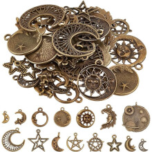 58 Stück, 15 verschiedene Himmelsanhänger (Stern, Mond, Halbmond) – Bronzefarbene Retro-Anhänger zum Selbermachen von Schmuck für Halsketten,