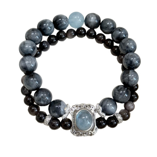 Βραχιόλια με διπλό κρίκο από κρύσταλλο Aquamarine & φυσικό ασημί ζαφείρι – Κομψά,