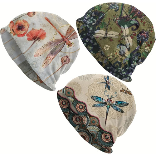 Σκουφάκι Premium Retro Boho Style Slouchy - Πλεκτό Καπέλο με Στάμπα Λιβελούλας για Γυναίκες & 2