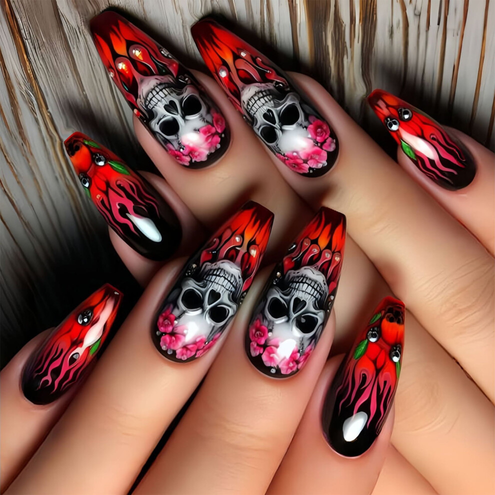 Red Horror Gothic Bat Skull False Nails, Blood Floral Design Abs Materials Party Accessories 24Pcs