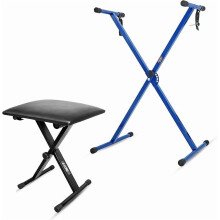 Keyboard Stand Single X Style Piano Riser Adjustable Holder + Keyboard Stool Thick Padded Piano Bench KS 1X BLU+KBB 02 BLK