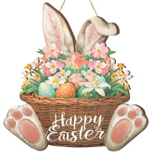 Easter Bunny Welcome Wood Door Sign, Spring Flower Decor for Front Door (N)