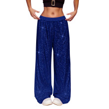 Damebukser med høy elastisk midje og vide ben, bling glitter, avslappet løs, lang glitrende bukse