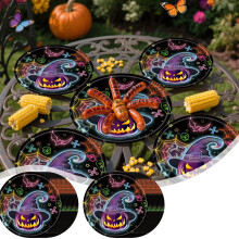 AuroraX 24-Pcs Glow-in-the-Dark Halloween Dinner Plates, Cups, Napkins – Compatible with Halloween & Thanksgiving Parties