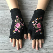 Mănuși fără degete pentru femei, brodate manual, model floral cu albine, manșetă croșetată, compatibile cu ecranele tactile, călduroase și