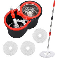 360 Spin Mop Bucket Sets with Wring System in 3 Microfiber Heads, Stainless Steel Basket 61" Extended Handle Floor Cleaning