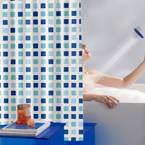 Rideau de douche 100 % polyester imperméable à carreaux bleus traditionnels