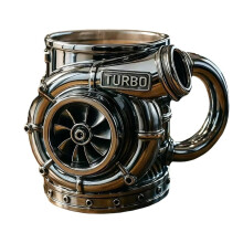 Caneca de café com tema de carros e revestimento interno de aço inoxidável.