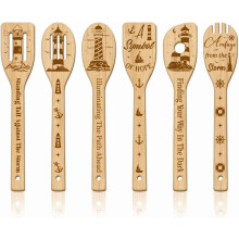 6Pcs Bamboo Cooking Utensils Set with Seagull Engraving, Lighthouse Theme – Compatible with All Cooktops