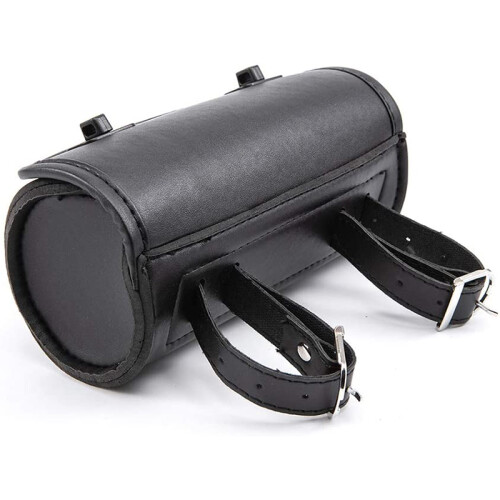 Motorcycle Fork Bag PU Leather Handlebar Tool Pouch Sissy Bar Roll Storage Bag Saddle Bag with 2 Straps, Universal