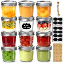 Bocaux Mason à large ouverture de 240 ml (8 oz), lot de 12, avec couvercles, anneaux, étiquettes et ficelle – pour confitures, gelées, bougies