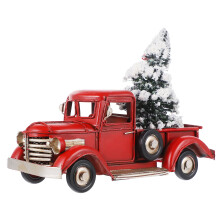 Vintage mini rode vrachtwagen decoratie, 6,7 inch metalen automodel met 1 mini kerstboomornament voor feestelijke tafel- en kerstdecoraties.
