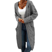 Dame Oversized Kabelstrikket Cardigan Lang Bomuld Vintertrøje Frakke Varm Afslappet Overtøj