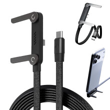 Bočná nabíjačka telefónu, 240W opletený kábel pre rýchle nabíjanie so vstavaným stojanom, kábel 2 v 1 typu C, kompatibilný s iPhone a
