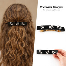 Pinza para el cabello negra con forma de mariposa y perlas para mujer, pinza con resorte y detalles dorados, diseño de triple ala, horquilla