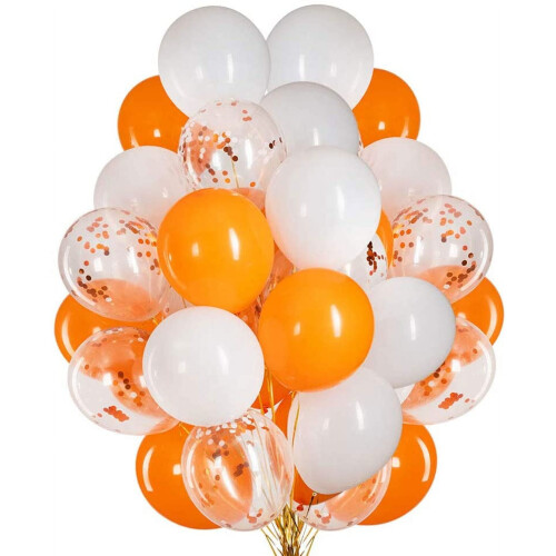 Balões de confete laranja e branco de 30 cm (12 polegadas), pacote com 50 unidades, para decoração de festas com tema laranja e branco.