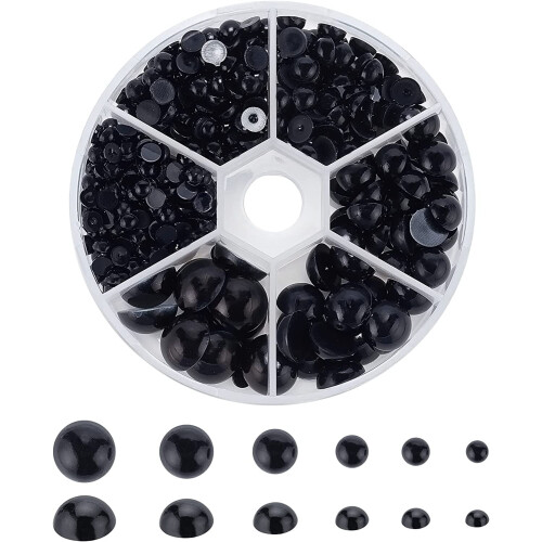 Schwarze, flache Perlen, 690 Stück, halbrunde Perlen, 6 Größen, Perlencabochon