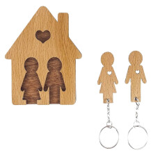 Handmade Wooden Key Hanger with Couple Keychains – House-Shaped Wall Organizer, Ideal for New Homeowners, Weddings & Entryway Decor. Compatible with