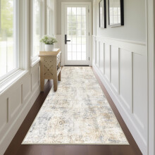 Tapis de couloir abstrait lavable 2x8, beige clair, antidérapant, à poils courts, en fausse laine douce, motif vieilli — Convient pour le